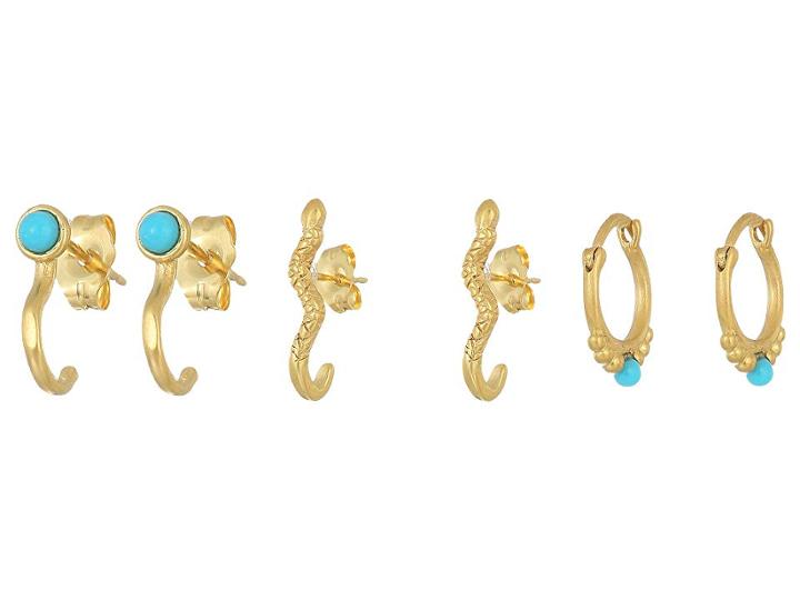 Dogeared The Perfect Ear, Snake J Bar Stud, Turquoise Dotted Huggie, Turquoise J Bar Stud 3 Earrings Set (gold Dipped) Earring