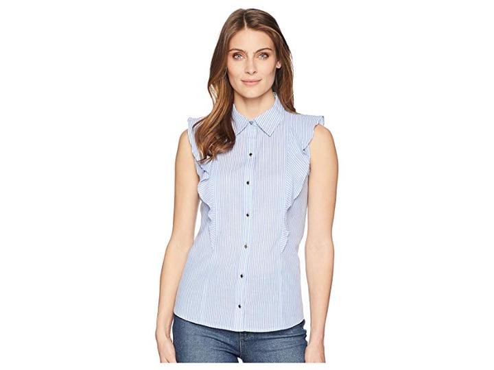 Ivanka Trump Sleeveless Printed Ruffle Blouse With Collar (blue/white Stripe) Women's Sleeveless