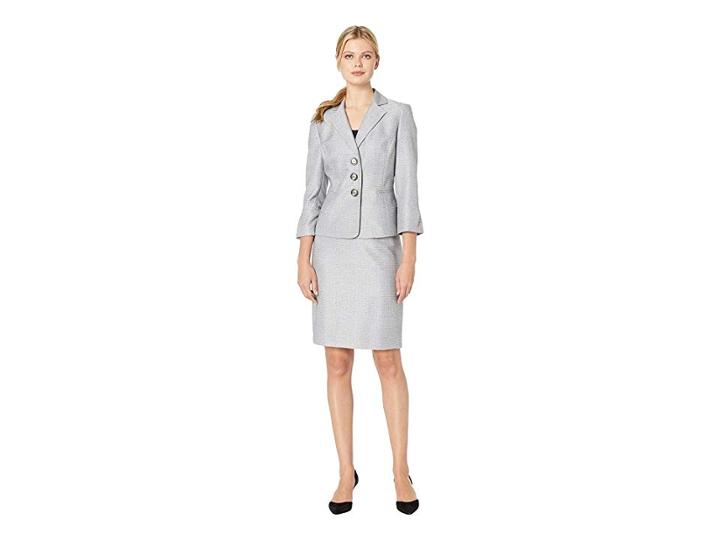 Le Suit Three-button Notch Collar Tweed Skirt Suit (ivory/black) Women's Suits Sets