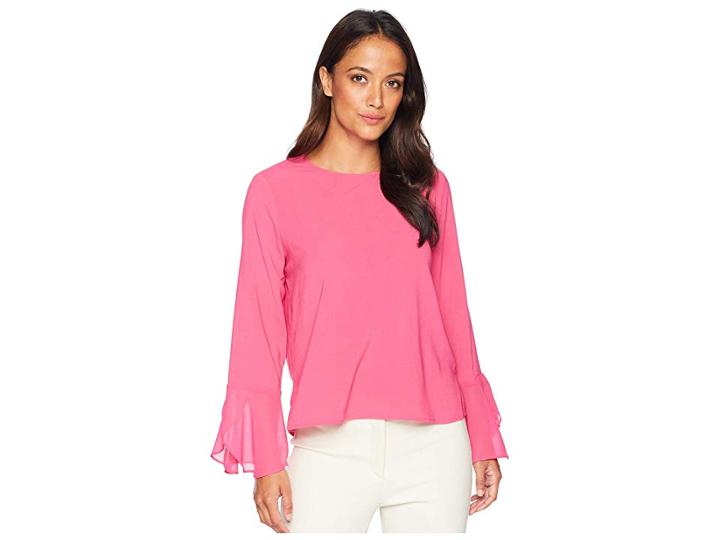 Vince Camuto Specialty Size Petite Chiffon Flutter Cuff Satin Back Texture Blouse (pink Flame) Women's Blouse