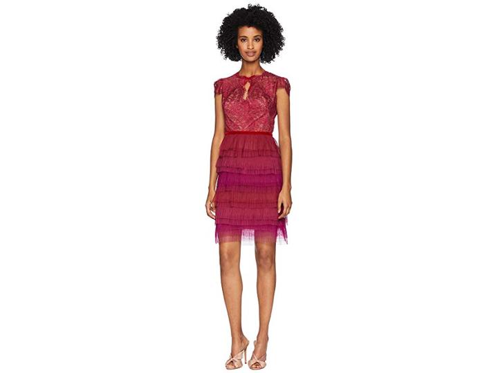 Marchesa Notte Cap Sleeve Cocktail With Lace Bodice And Tulle Ruffle Skirt Tiers (red) Women's Dress