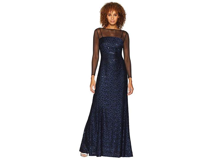Tahari By Asl Long Sleeve Sequin Lace Column Gown With Illusion Neckline (black/navy) Women's Dress