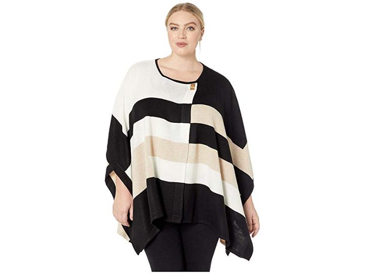 Calvin Klein Plus Plus Size Color Block Poncho With Hardware (heathe5r Latte/black) Women's Sweater