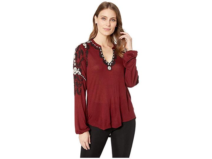 Lucky Brand Embroidered Sleeve Top (cabernet) Women's Clothing