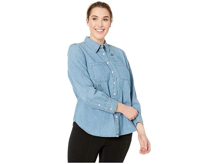 Lauren Ralph Lauren Plus Size Print Denim Button Down (boathouse Blue Wash) Women's Clothing