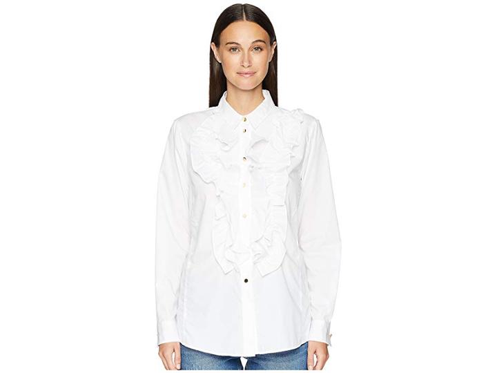 Escada Nill Ruffle Tuxedo Front Long Sleeve Button Up (white) Women's Long Sleeve Button Up