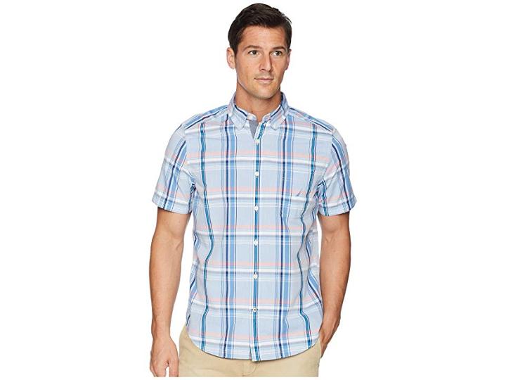 Nautica Short Sleeve Casual Plaid Shirt (river Blue) Men's Short Sleeve Button Up