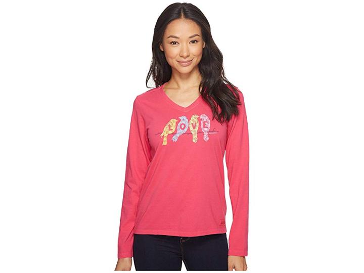Life Is Good Love Birds Long Sleeve Crusher Vee (pop Pink) Women's Long Sleeve Pullover