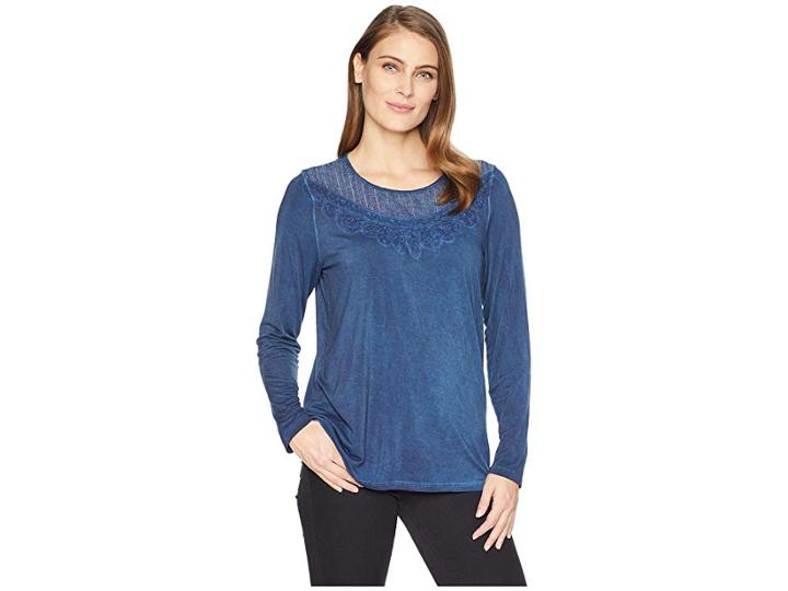Tribal Long Sleeve Top With Crochet (blue Lake) Women's Long Sleeve Pullover