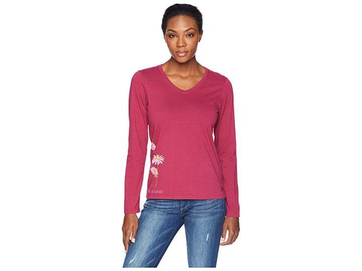 Life Is Good Bumbling Around Crusher Long Sleeve Vee (wild Cherry) Women's T Shirt