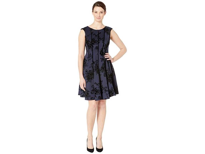 Gabby Skye Flocked Velvet Scuba Seam Down Fit N Flare (navy/black) Women's Dress