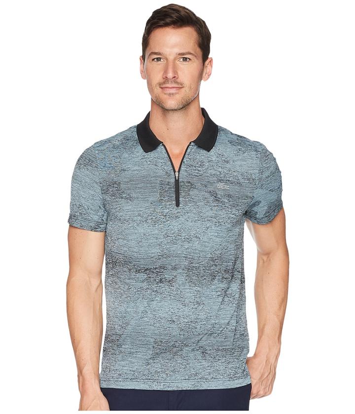 Lacoste Short Sleeve Jersey Tech All Over Print Zip Placket (black/pewter) Men's Short Sleeve Pullover