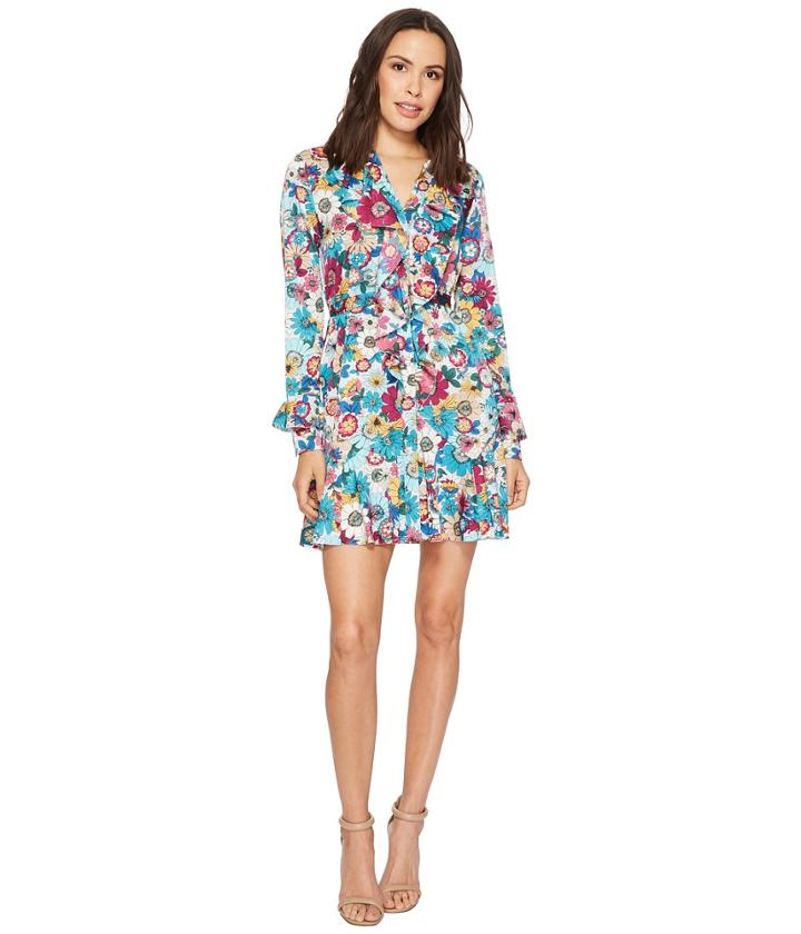 Laundry By Shelli Segal Floral Print Godet Dress With Ruffle Details (enamel Blue) Women's Dress