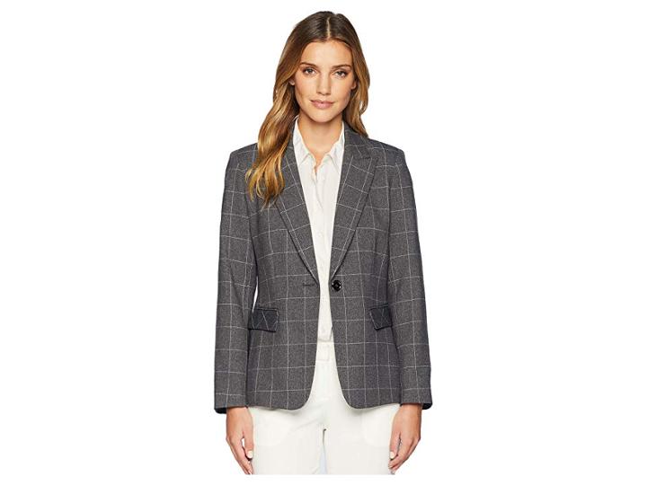 Tahari By Asl Novelty Windowpane Plaid Jacket (grey/ivory) Women's Coat