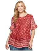 Lucky Brand Plus Size Printed Ruffle Top (red Multi) Women's Long Sleeve Pullover