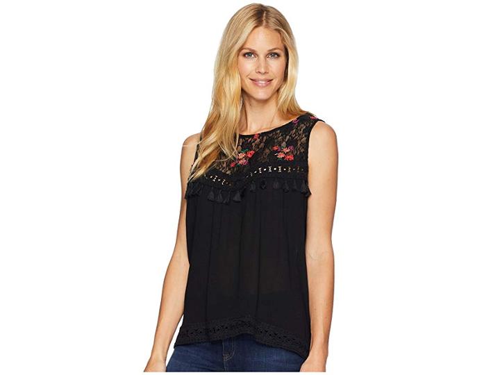Wrangler Sleeveless Top With Lace Embroidered Front (black) Women's Sleeveless
