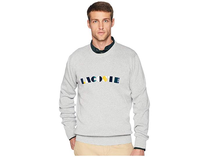 Lacoste Long Sleeve Lacoste Letter Block Graphic Sweater (pluvier Chine/multico) Men's Sweater