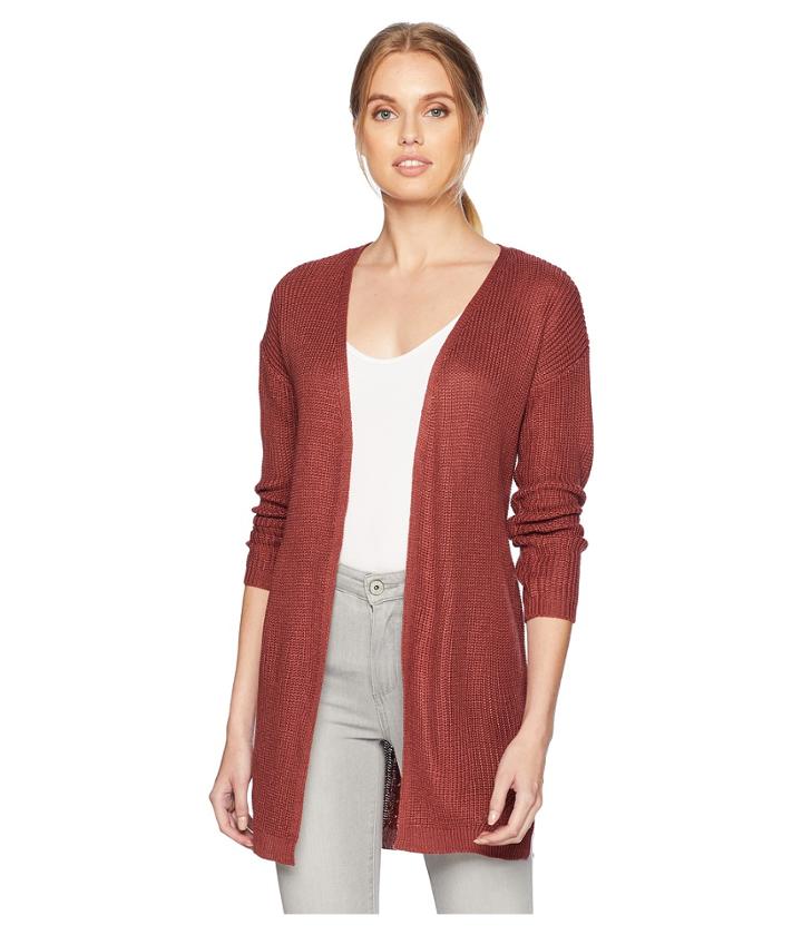 Pink Rose Long Drop Shoulder Open Cardigan W/ Back Cable Detail (balmy Clay) Women's Sweater