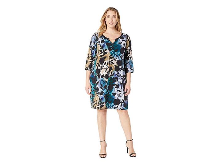 Calvin Klein Plus Plus Size Printed Dress W/ Faux Leather Hardware (cypress Multi) Women's Dress
