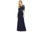 Adrianna Papell Short Sleeve Long Knit Crepe Gown With Contrasting Bodice Detail (midnight) Women's Dress
