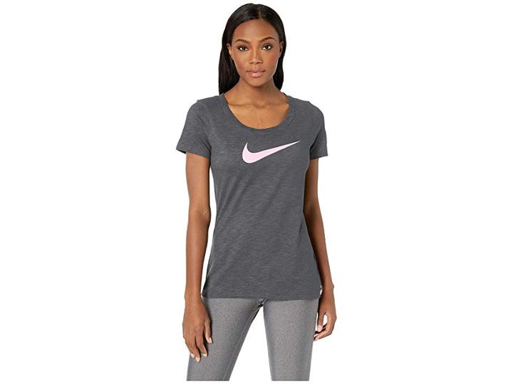 Nike Dry Tee Scoop Swoosh Cross-dye (carbon Heather/heather/pink Rise) Women's T Shirt