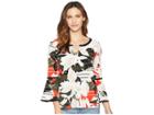Calvin Klein Printed Long Sleeve Blouse W/ Pipping Hardware (tango/latte) Women's Blouse