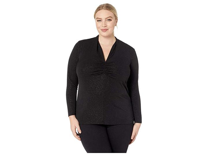Vince Camuto Specialty Size Plus Size Long Sleeve Cinched V-neck Sparkle Jersey Top (rich Black) Women's Clothing