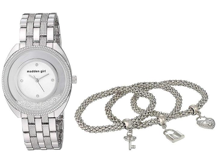 Steve Madden Madden Girl Watch With Charm And Stone Bracelet Set Smgs017 (silver) Watches