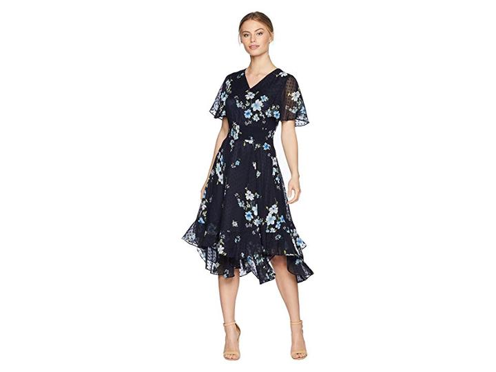 Tahari By Asl Petite Flounced Midi Dress (navy/sky/ivory) Women's Dress