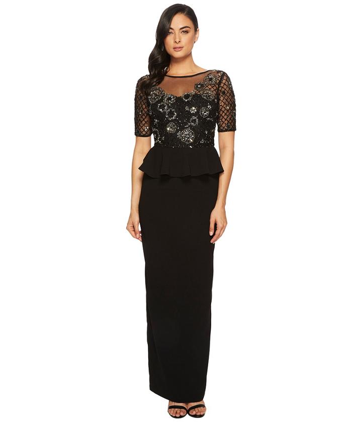 Adrianna Papell 3/4 Sleeve Beaded Bodice With Stretch Crepe Peplum Skirt (black/mercury) Women's Dress