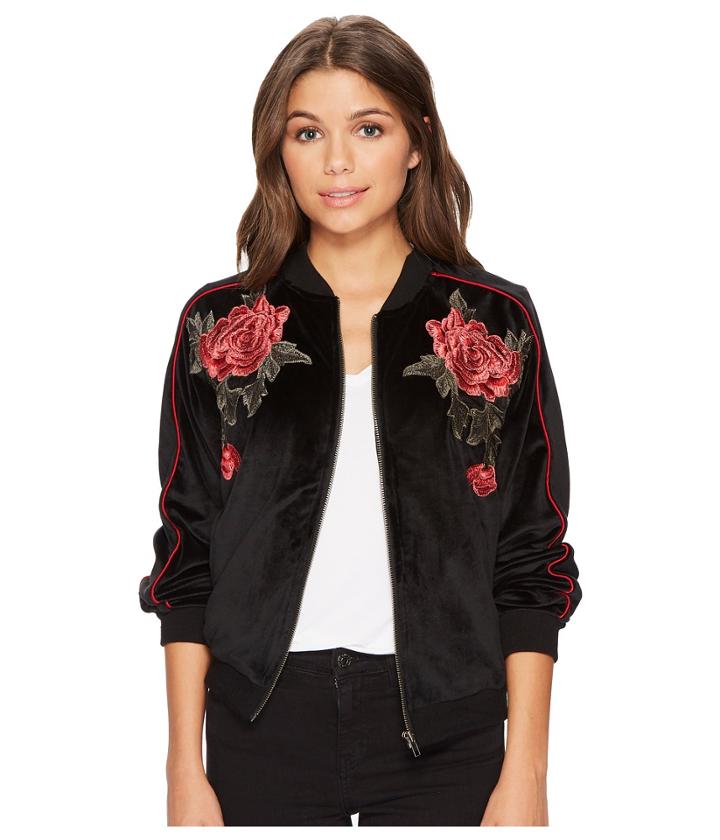 Jack By Bb Dakota Eleni Velvet Bomber Jacket With Floral Patches (black) Women's Coat