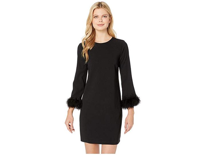 Cece Long Sleeve Moss Crepe Dress W/ Feather Cuff (rich Black) Women's Dress