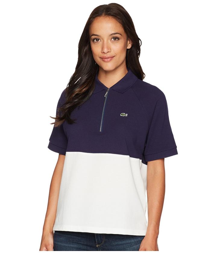 Lacoste Short Sleeve Supple Petit Pique Color Block Polo (aquatic/flour) Women's Clothing