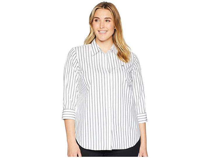 Lauren Ralph Lauren Plus Size No-iron Button-down Shirt (white/black) Women's Long Sleeve Button Up