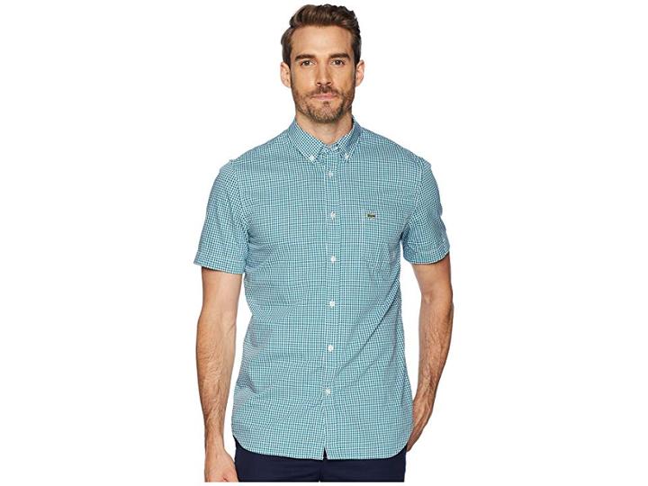 Lacoste Short Sleeve Regular Fit Gingham Poplin Button Down (bailloux/white) Men's Sweater