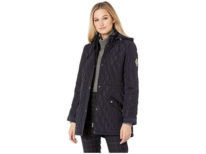 Lauren Ralph Lauren Faux Leather Trim Quilted Anorak (dark Navy) Women's Coat