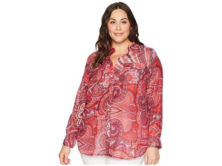 Lauren Ralph Lauren Plus Size Silk Cotton Voile Long Sleeve Shirt (red Multi) Women's Clothing