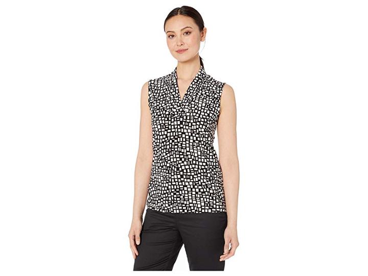 Anne Klein Foxtrot Printed Ity Triple Pleat Top (anne Black/anne White) Women's Blouse