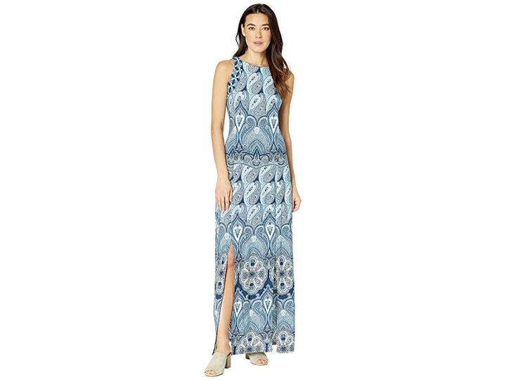 London Times Intrique Paisley Maxi W/ Slits (blue) Women's Dress