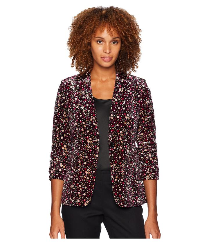 Tahari By Asl Floral Velvet One-button Jacket (black/cabernet/white) Women's Coat