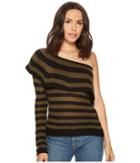 Romeo & Juliet Couture One Shoulder Ruffle And Striped Sweater (olive/black) Women's Sweater