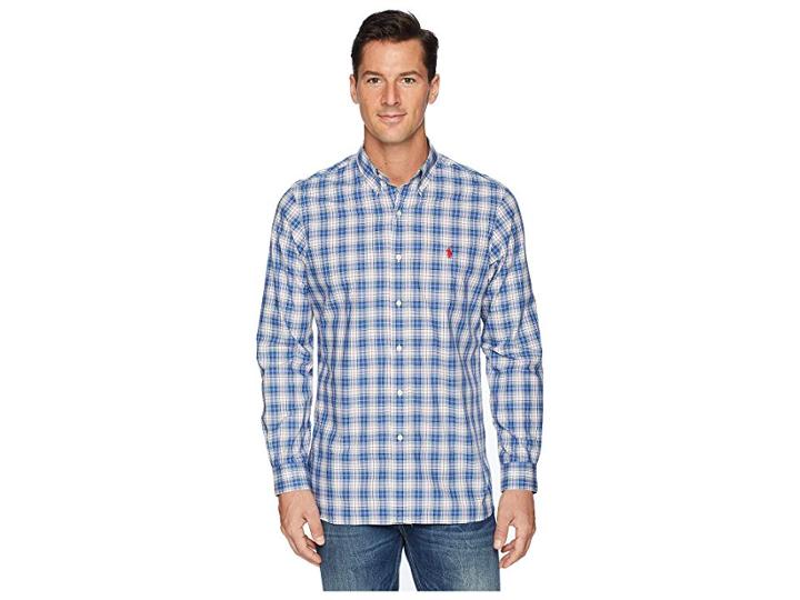 Polo Ralph Lauren Button Down Poplin Sport Shirt In Classic Fit (royal Blue/canary Multi) Men's Clothing