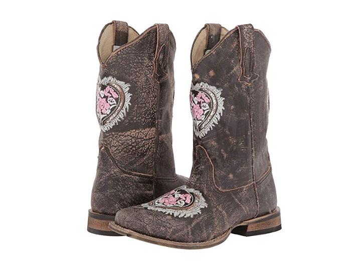 Roper Kids Square Toe W/ Heart Glitter (toddler/little Kid) (brown) Cowboy Boots