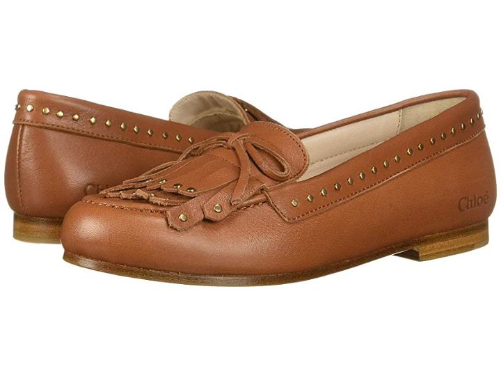 Chloe Kids Moccasins In Calf Leather, With Leather Fringes (little Kid) (roux Brown) Girl's Shoes