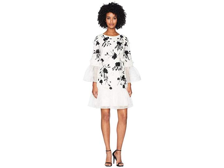 Marchesa 3/4 Sleeve All Over Beaded Tunic W/ 3d Flowers And Organza Ruffles (ivory) Women's Dress