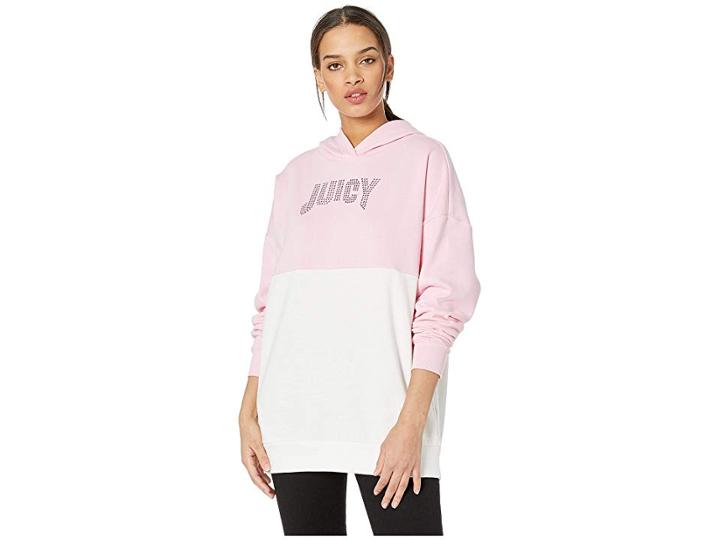 Juicy Couture Rhinestone Juicy Oversized Hoodie (pixel Pink/bleached Bone) Women's Clothing