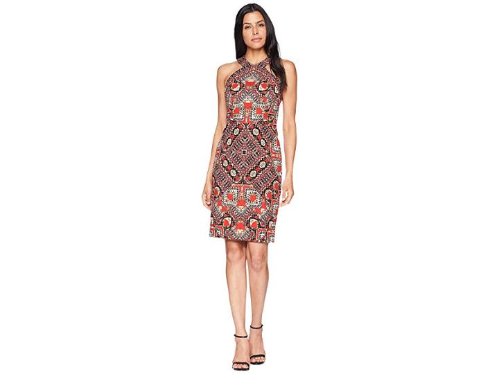 Maggy London Global Puzzle Novelty Linen Halter Sheath (soft White/red Hot) Women's Dress