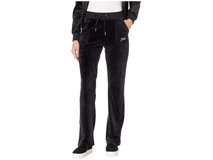 Juicy Couture Foil Logo Pocket Bootcut Velour (pitch Black) Women's Casual Pants
