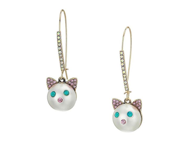 Betsey Johnson White Pearl Cat Face Drop Earrings (pearl) Earring