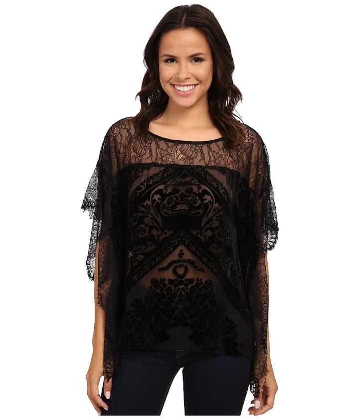 Hale Bob Truth Or Flare Velvert Burnout W/ Lace Top (black) Women's Blouse
